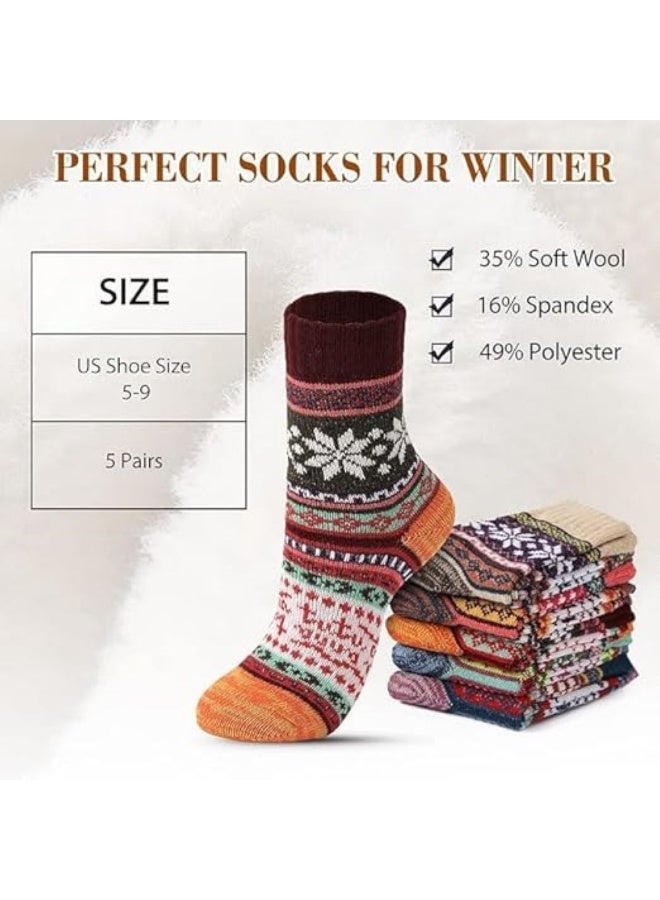 HZYH 5 Pairs Wool Socks for Women, Thick Knit Warm Winter Socks, Soft Cozy Vintage Crew Socks, Breathable Wool Blend, One Size Fits Most, Christmas Gift for  Ladies - Image 3