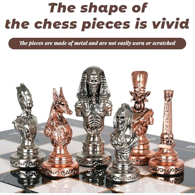 Kvintes Large Egyptian Metal Chess Set for Adults with Travel Foldable Marbling 15-Inch Chess Board - Weighted Metal Chess Pieces- Luxurious Chess Sets for Collectors Family Vintage Board Game - Image 5