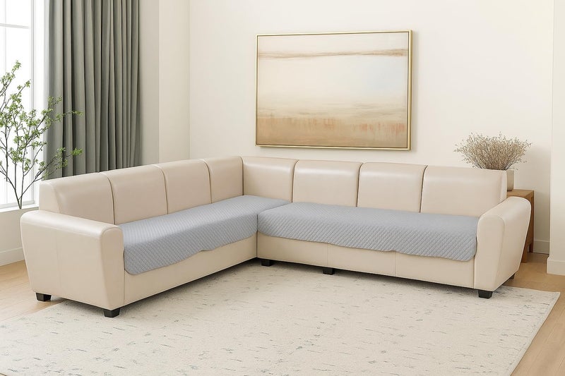 KINGLY Velvet Quilted L-Shape 5 Seater (3+2) Universal Sofa Protector – Premium Non-Slip Fit, Machine Washable Couch Mat for L-Shaped Sofa Set in Living Room (Silver Gray, 2pc Set – 23x27 & 69x27) - Image 1