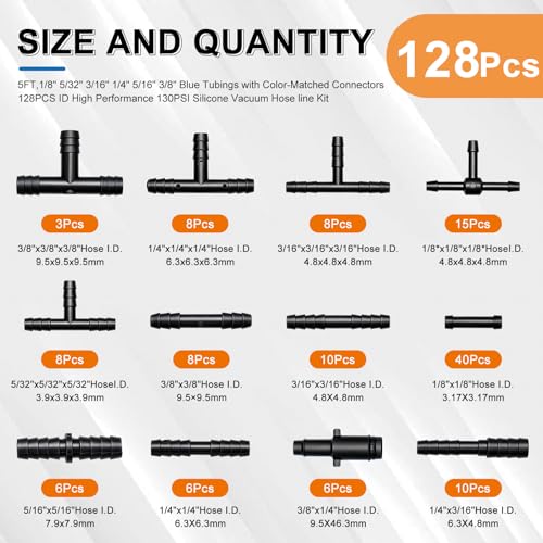 Tnisesm 134Pcs Vacuum Hose Automotive 130PSI 66 FT With 12 Sizes Vacuum Connector 18 532 316 14 516 38ID High Performance Automotive Silicone Vacuum Tubing Hose line Kit - Image 3