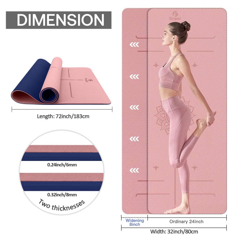 Gruper Yoga Mat Non Slip TPE Thick Yoga Mat with Alignment Mark, Large Size 72"L x 32"W x 0.32"Th or 0.24"Th, Anti-Tear Exercise & Fitness Mat for Yoga, Pilates & Floor Workouts (pink, Thickness-8mm) - Image 3