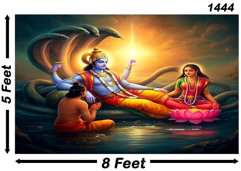 Backdropon Lord Vishnu with Goddess Lakshmiji Design Backdrop Cloth for Pooja Decoration Traditional/Background Curtain Cloth for Festival Size 5 Feet Height and 8 Feet Width(5 * 8) - Image 3