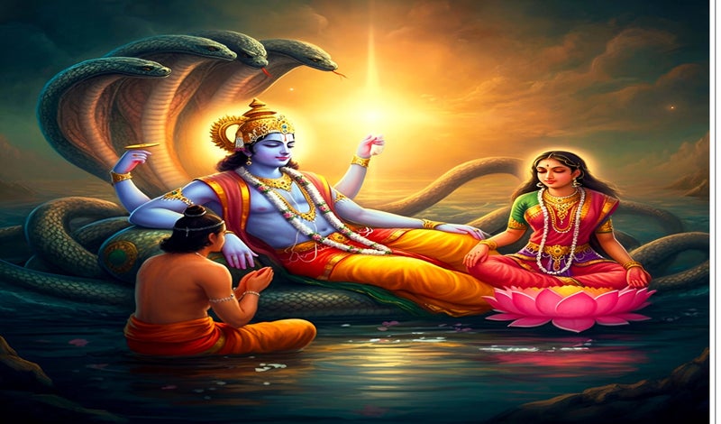 Backdropon Lord Vishnu with Goddess Lakshmiji Design Backdrop Cloth for Pooja Decoration Traditional/Background Curtain Cloth for Festival Size 5 Feet Height and 8 Feet Width(5 * 8) - Image 1
