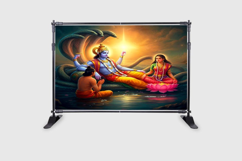Backdropon Lord Vishnu with Goddess Lakshmiji Design Backdrop Cloth for Pooja Decoration Traditional/Background Curtain Cloth for Festival Size 5 Feet Height and 8 Feet Width(5 * 8) - Image 2