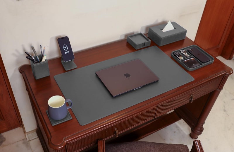 V-CUBE Designs Premium Vegan Leather Executive Set of 6| Multipurpose Personal Desk Organizer| Desk Mat | Valet Tray| Tissue Holder | Pen Holder| Coaster | Mobile Stand for Office Table & Home - Grey - Image 2
