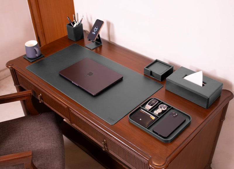 V-CUBE Designs Premium Vegan Leather Executive Set of 6| Multipurpose Personal Desk Organizer| Desk Mat | Valet Tray| Tissue Holder | Pen Holder| Coaster | Mobile Stand for Office Table & Home - Grey - Image 4