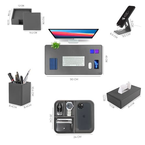 V-CUBE Designs Premium Vegan Leather Executive Set of 6| Multipurpose Personal Desk Organizer| Desk Mat | Valet Tray| Tissue Holder | Pen Holder| Coaster | Mobile Stand for Office Table & Home - Grey - Image 3