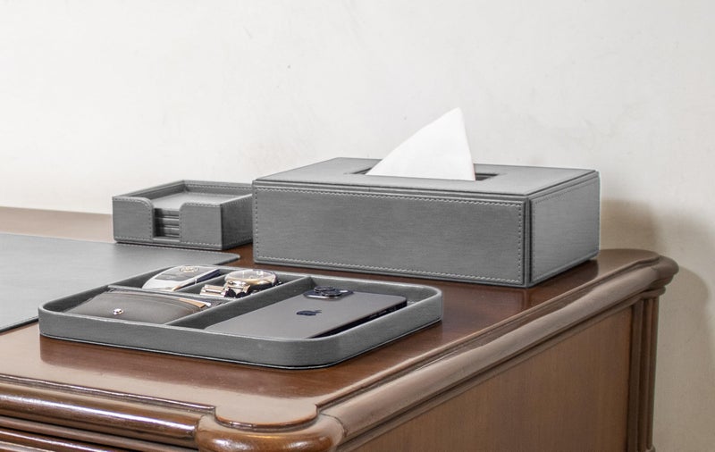 V-CUBE Designs Premium Vegan Leather Executive Set of 6| Multipurpose Personal Desk Organizer| Desk Mat | Valet Tray| Tissue Holder | Pen Holder| Coaster | Mobile Stand for Office Table & Home - Grey - Image 5