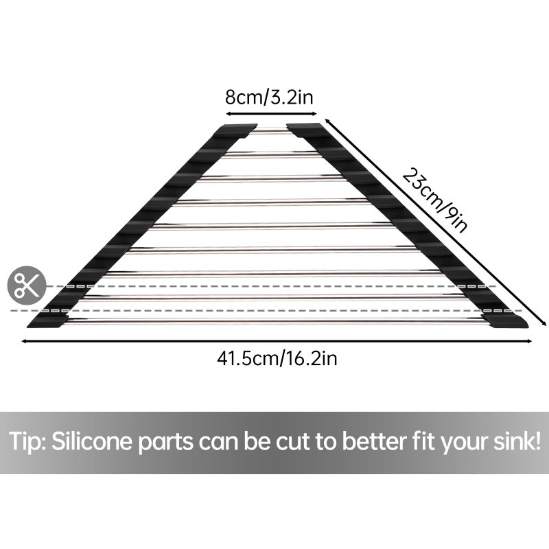 Tomorotec Foldable Stainless Steel Triangle Roll-Up Dish Drying Rack for Small Sink Corners - Over-The-Sink Multipurpose Kitchen Drainer, Rustproof Organizer, Trivet and Shelf - Space-Saving (Black) - Image 4
