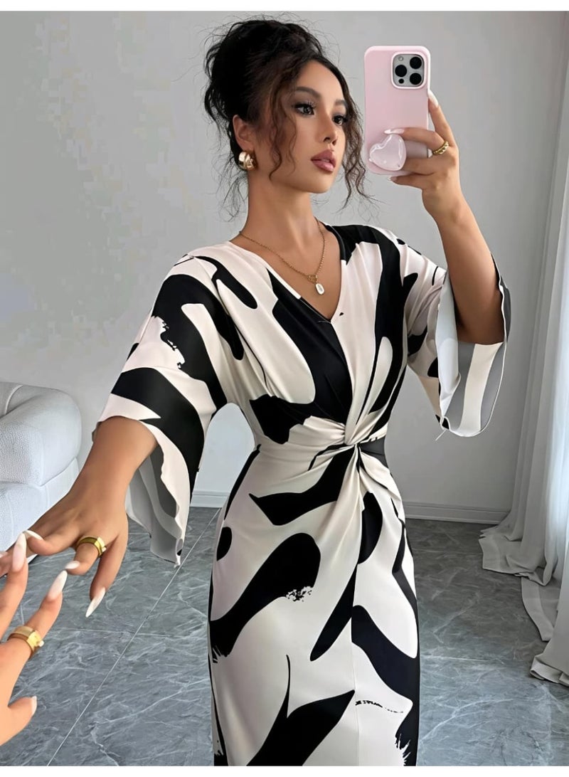 Shein Women's  Digital Printing High Elasticity Fabric V-Neck Waist Twist Design DRESS FROM SHEIN - Image 3