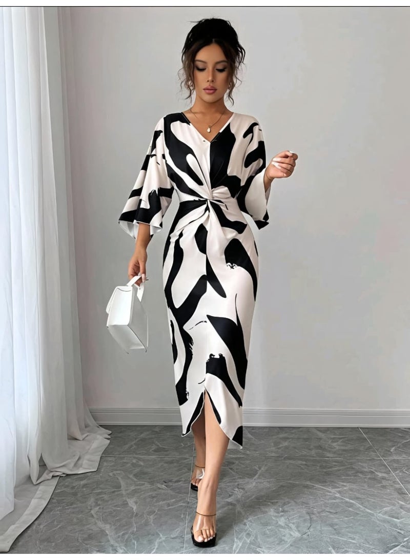 Shein Women's  Digital Printing High Elasticity Fabric V-Neck Waist Twist Design DRESS FROM SHEIN - Image 2