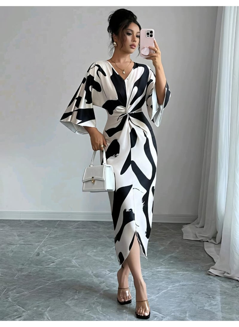 Shein Women's  Digital Printing High Elasticity Fabric V-Neck Waist Twist Design DRESS FROM SHEIN - Image 1