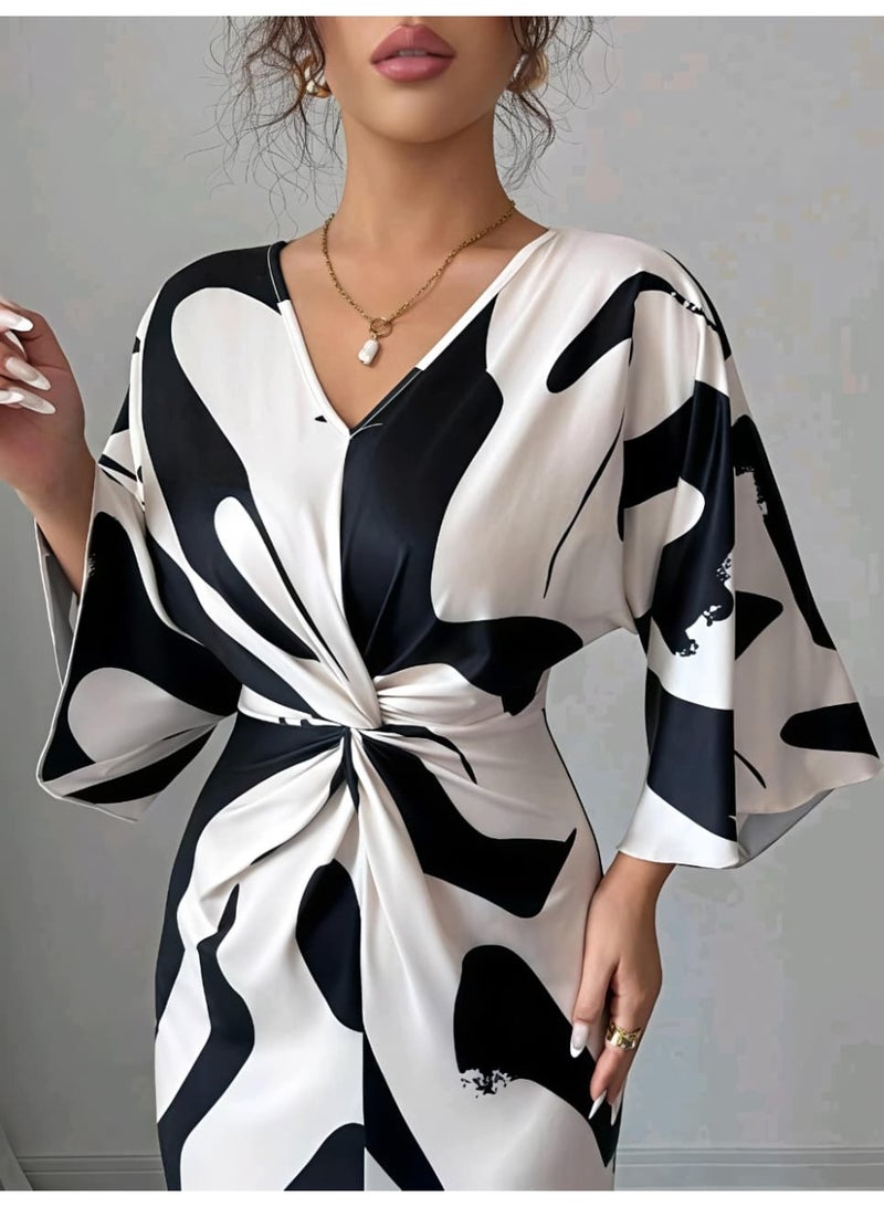 Shein Women's  Digital Printing High Elasticity Fabric V-Neck Waist Twist Design DRESS FROM SHEIN - Image 5