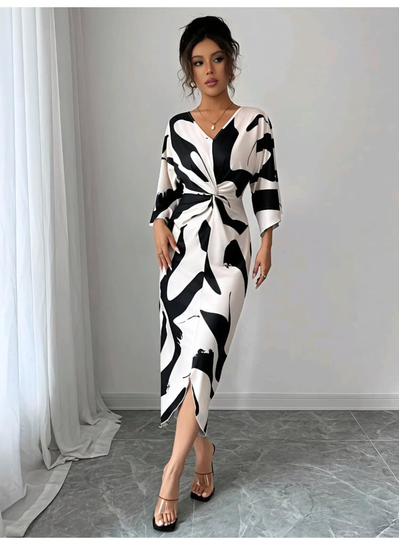 Shein Women's  Digital Printing High Elasticity Fabric V-Neck Waist Twist Design DRESS FROM SHEIN - Image 4