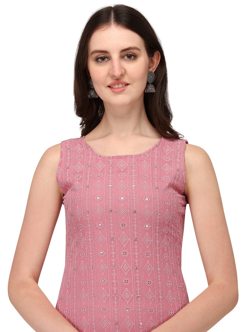 SHOPPING QUEEN Women's Georgette Chikankari Embroidered Kurta Palazzo Set (A308_Dusty Pink_2XL) - Image 4