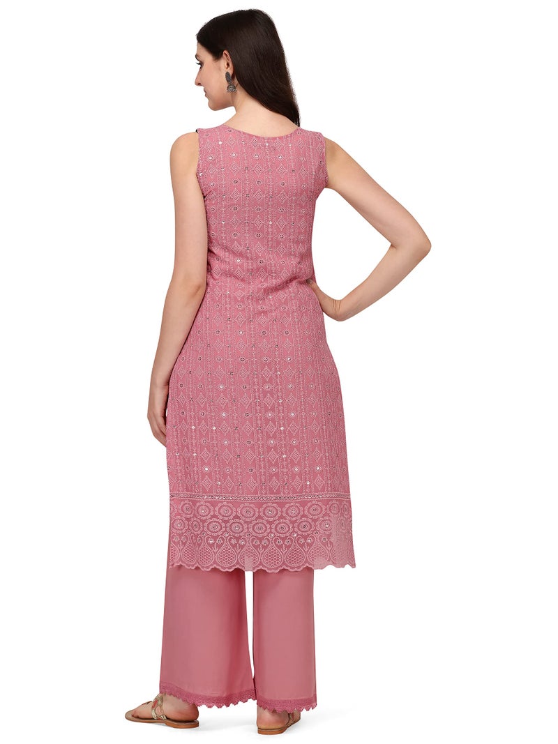 SHOPPING QUEEN Women's Georgette Chikankari Embroidered Kurta Palazzo Set (A308_Dusty Pink_2XL) - Image 2