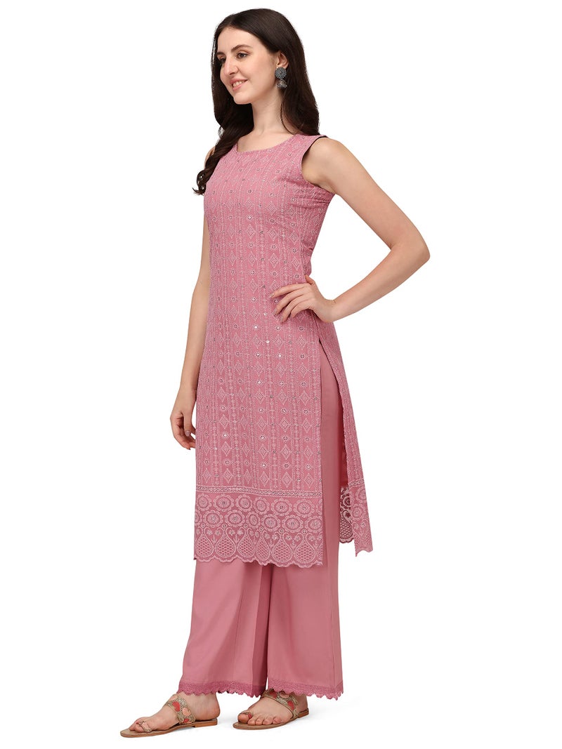 SHOPPING QUEEN Women's Georgette Chikankari Embroidered Kurta Palazzo Set (A308_Dusty Pink_2XL) - Image 3