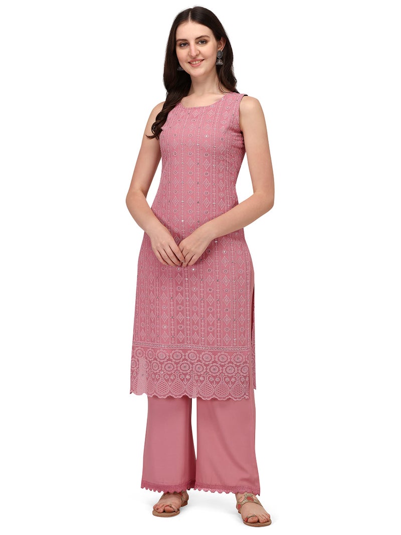 SHOPPING QUEEN Women's Georgette Chikankari Embroidered Kurta Palazzo Set (A308_Dusty Pink_2XL) - Image 1