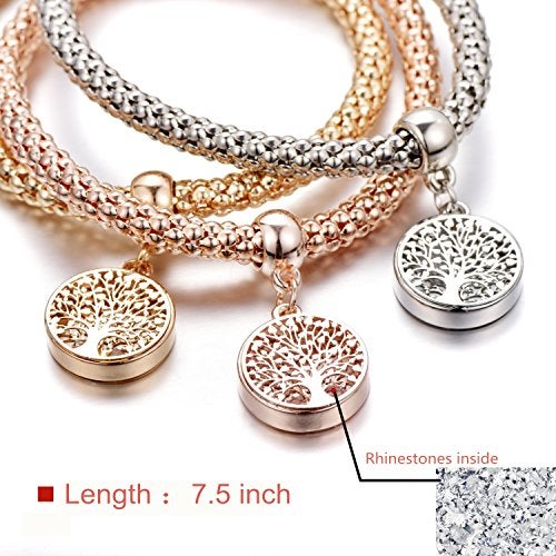 SILANER Crystal Charms Multilayer Bracelets - 3PCS Gold/Silver/Rose Gold Corn Chain Bracelet for Women, Tree of Life Heart Shaped Stretch Bracelet("Tree of Life" Round Charm) - Image 4
