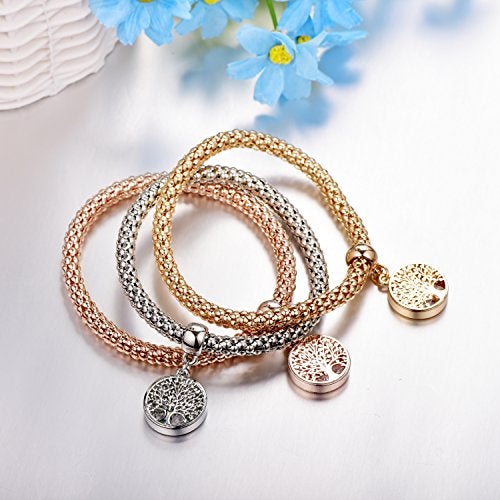 SILANER Crystal Charms Multilayer Bracelets - 3PCS Gold/Silver/Rose Gold Corn Chain Bracelet for Women, Tree of Life Heart Shaped Stretch Bracelet("Tree of Life" Round Charm) - Image 3