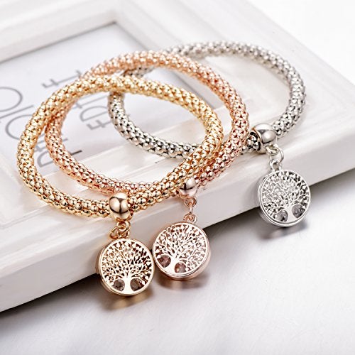 SILANER Crystal Charms Multilayer Bracelets - 3PCS Gold/Silver/Rose Gold Corn Chain Bracelet for Women, Tree of Life Heart Shaped Stretch Bracelet("Tree of Life" Round Charm) - Image 2