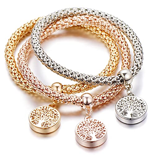 SILANER Crystal Charms Multilayer Bracelets - 3PCS Gold/Silver/Rose Gold Corn Chain Bracelet for Women, Tree of Life Heart Shaped Stretch Bracelet("Tree of Life" Round Charm) - Image 1
