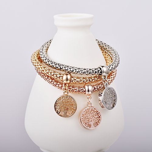 SILANER Crystal Charms Multilayer Bracelets - 3PCS Gold/Silver/Rose Gold Corn Chain Bracelet for Women, Tree of Life Heart Shaped Stretch Bracelet("Tree of Life" Round Charm) - Image 5