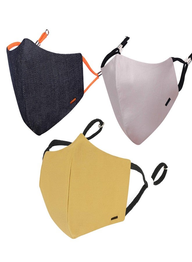 MASQ By Q-One Dash 4 Layer Reusable, Washable with Ear Adjusters, Anti-Bacterial (BFE>99%) Embroidered Cotton Cloth Face Mask for Men, Boys (Large, Denim Blue-Yellow-Beige, Pack of 3) - Image 1