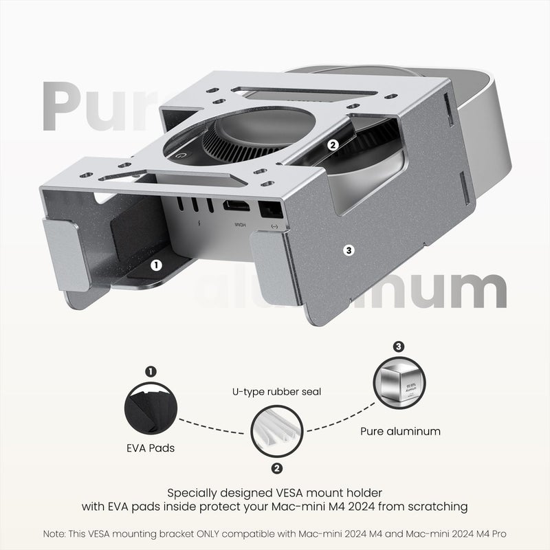 Fasgear VESA Mount for Mac-mini M4 2024, Pure Aluminum Metal Monitors Mounting Bracket for Under Desk with Anti-theft Function, Wall Mounted VESA Compatible with Mac-mini M4 Pro 2024(Silver) - Image 2