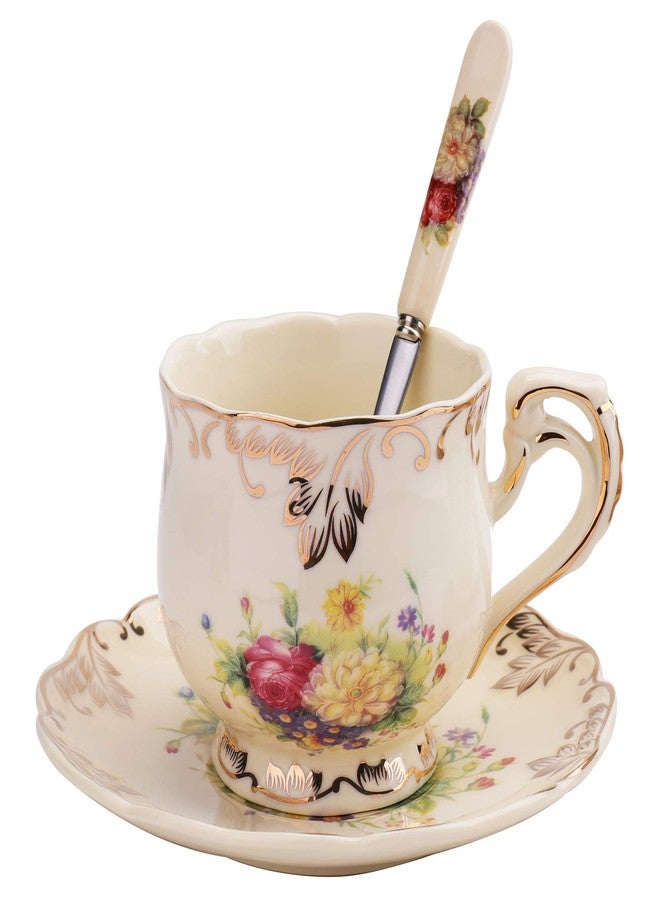 فوراينيم طقم فورينام مكون من فنجانين وصحن، سعة 8 أونصات. فنجان قهوة من السيراميك العاجي مزين بنقوش شجيرات مزهرة. طقم فنجان شاي من البورسلين مزين بنقوش زهور فاخرة مع صحن وملعقة. - Image 3