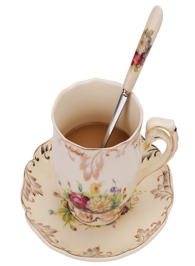 فوراينيم طقم فورينام مكون من فنجانين وصحن، سعة 8 أونصات. فنجان قهوة من السيراميك العاجي مزين بنقوش شجيرات مزهرة. طقم فنجان شاي من البورسلين مزين بنقوش زهور فاخرة مع صحن وملعقة. - Image 2