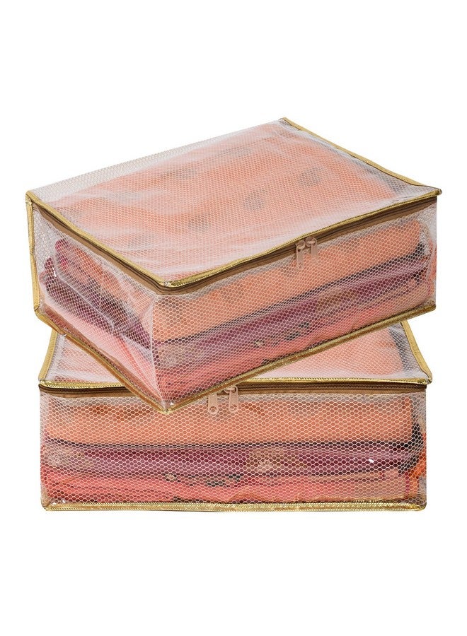 Kuber Industries Saree Cover | Golden Lace PVC Laminated Net Saree Cover | Wardrobe Saree Organizer | Garment Storage Bag | Pack of 2 | Transparent - Image 1