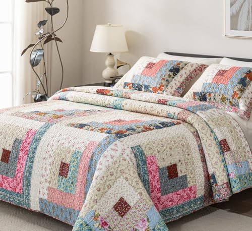 meadow park Cotton Real Patchwork Quilt Set 3Piece 100 Washed Cotton 208 Hand Cut Patches Allover Quilting Reversible Coverlet Set King - Image 1