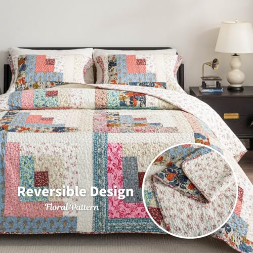 meadow park Cotton Real Patchwork Quilt Set 3Piece 100 Washed Cotton 208 Hand Cut Patches Allover Quilting Reversible Coverlet Set King - Image 3