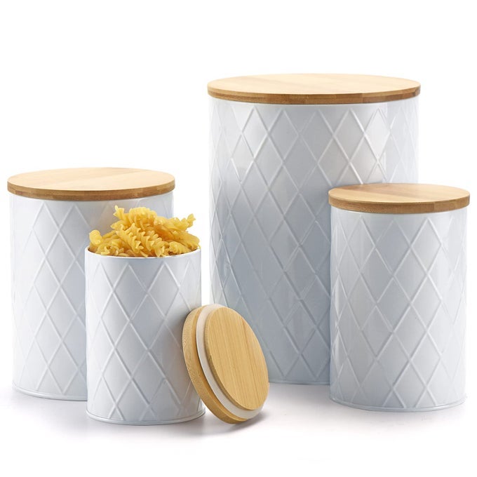 WHITE KITCHEN CANISTERS SET WITH BAMBOO LIDS AIRTIGHT SUGAR FLOUR COFFEE COOKIE STORAGE CANISTER SETS FOR KITCHEN COUNTERTOP FARMHOUSE KITCHEN DECOR 4 PACK