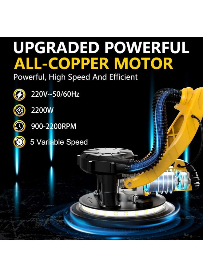 ZLH HITY Drywall Sander, 2200W 11.5-Amp Electric Drywall Sander with Vacuum, Popcorn Ceiling Removal Tool with Variable Speed 900-2200RPM, Foldable & Extendable Handle, LED Light, 56pcs Sanding Discs - Image 2