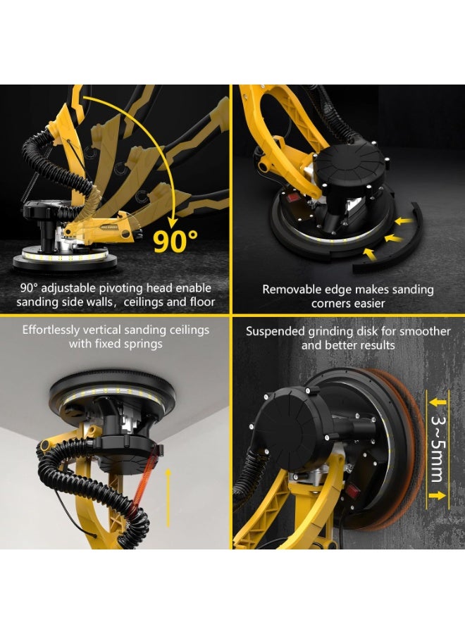 ZLH HITY Drywall Sander, 2200W 11.5-Amp Electric Drywall Sander with Vacuum, Popcorn Ceiling Removal Tool with Variable Speed 900-2200RPM, Foldable & Extendable Handle, LED Light, 56pcs Sanding Discs - Image 4