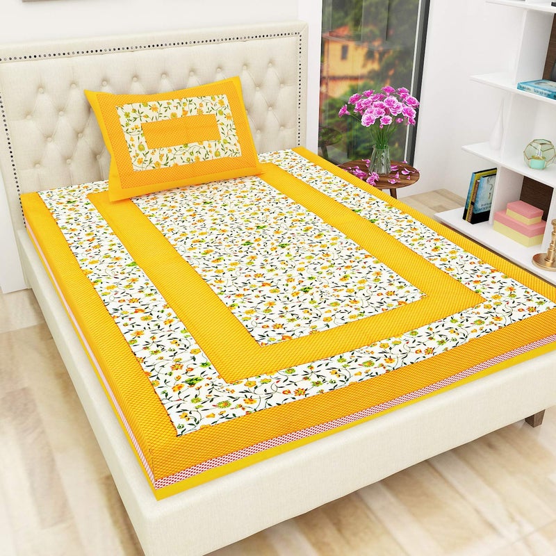 UNIBLISS 100 Cotton Rajasthani Jaipuri Traditional Printed Single Bed Sheet with One Pillow Cover Multi_Single_011 