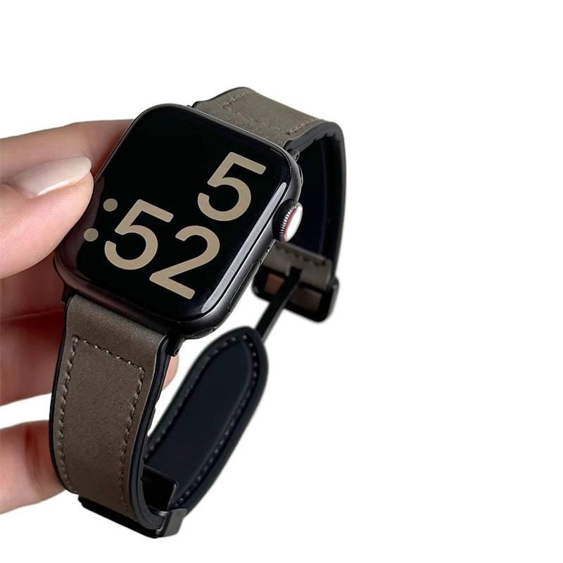 AD Black Classic Leather Strap Smartwatch Band Compatible with Apple Watch / SE with Adjustable Fit Replacement Strap for Daily Wear - Image 1