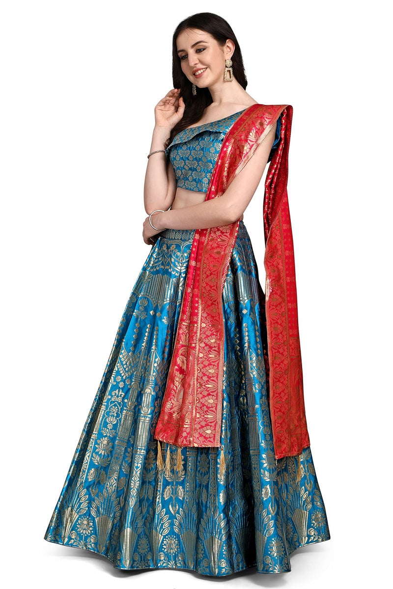 PURVAJA Women's Jacquard Semi-Stitched Lehenga choli (Aahana-Rama_Rama_Free Size) - Image 3