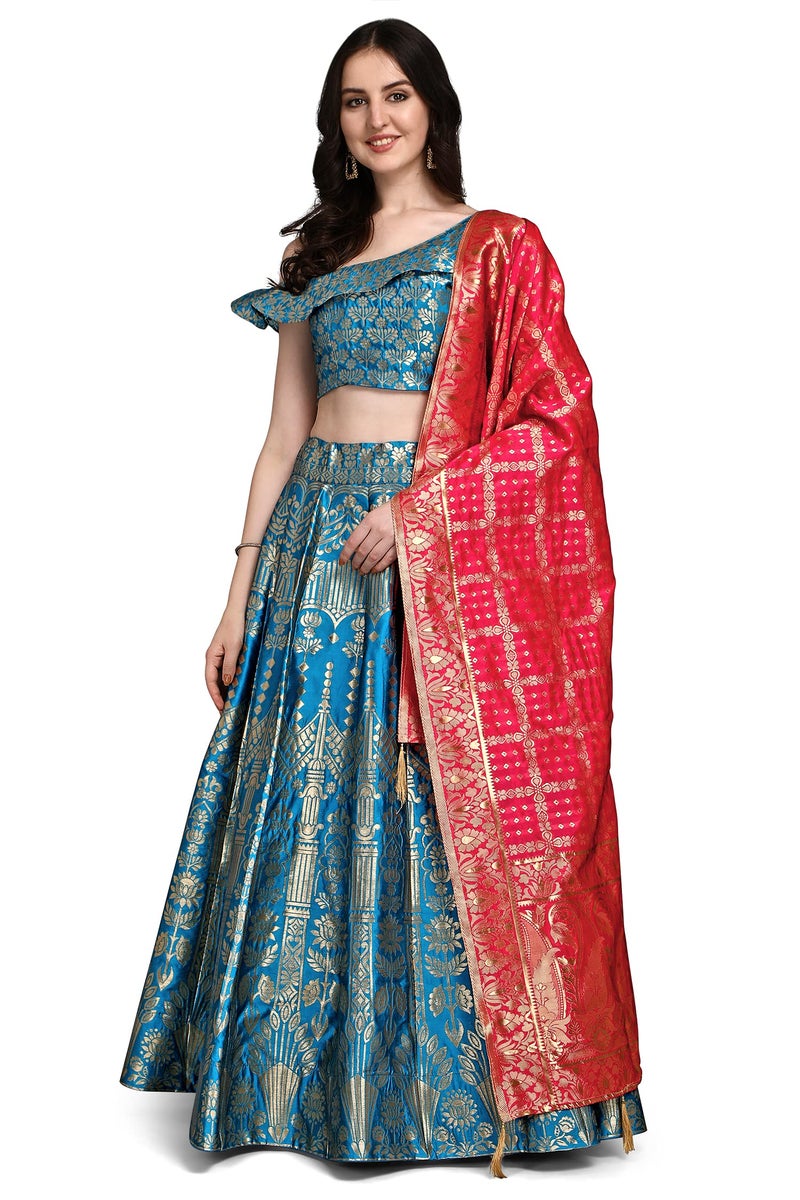PURVAJA Women's Jacquard Semi-Stitched Lehenga choli (Aahana-Rama_Rama_Free Size) - Image 1
