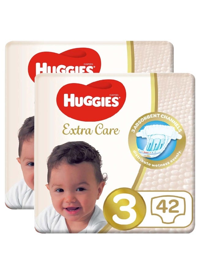 HUGGIES Extra Care Baby Diapers, Size 3, For 4-9kg Baby, Promo Pack of 2 x 42’s