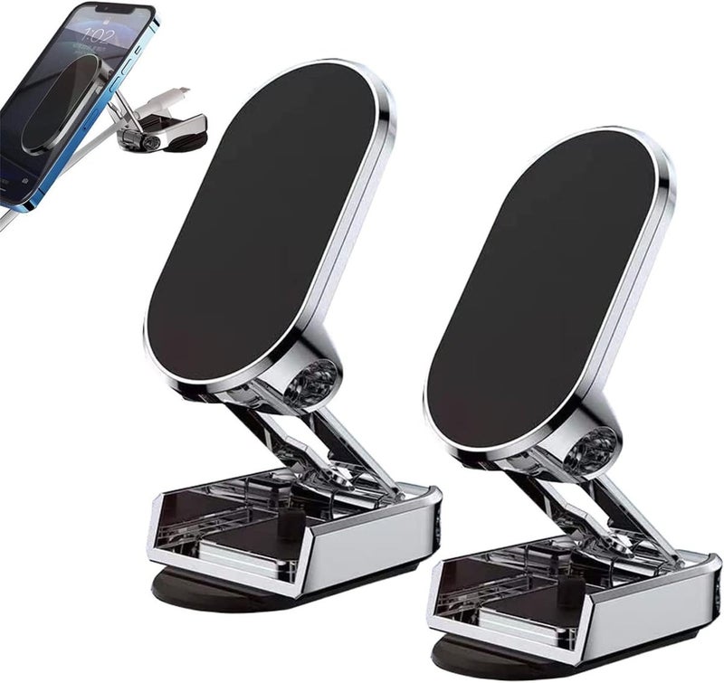 klarako 2023 New Alloy Folding Magnetic Car Phone Holder, 360° Alloy Folding Magnetic Car Phone Holder, Universal Magnetic Phone Holder for Car Dashboard, Foldable Magnetic Car Phone Mount (2PCS - Silver) - Image 1