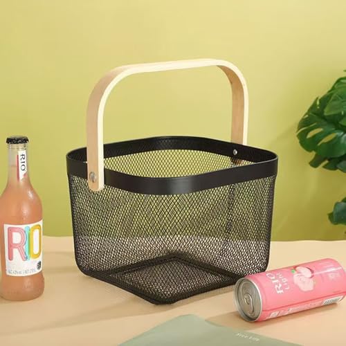 AJIODA Metal Mesh Wire Basket, Small Steel Basket with Wooden Handle Storage Organizer Basket Multi-functional Hanging Kitchen Baskets Fruit Baskets for Kitchen Bathroom Cabinet Pantry Snacks, Black - Image 2