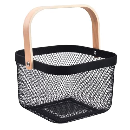 AJIODA Metal Mesh Wire Basket, Small Steel Basket with Wooden Handle Storage Organizer Basket Multi-functional Hanging Kitchen Baskets Fruit Baskets for Kitchen Bathroom Cabinet Pantry Snacks, Black - Image 1