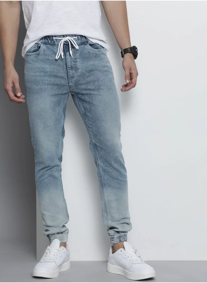 The Indian Garage Co Men Slim Fit Overdyed Mid-Rise Stretchable Denim Joggers
