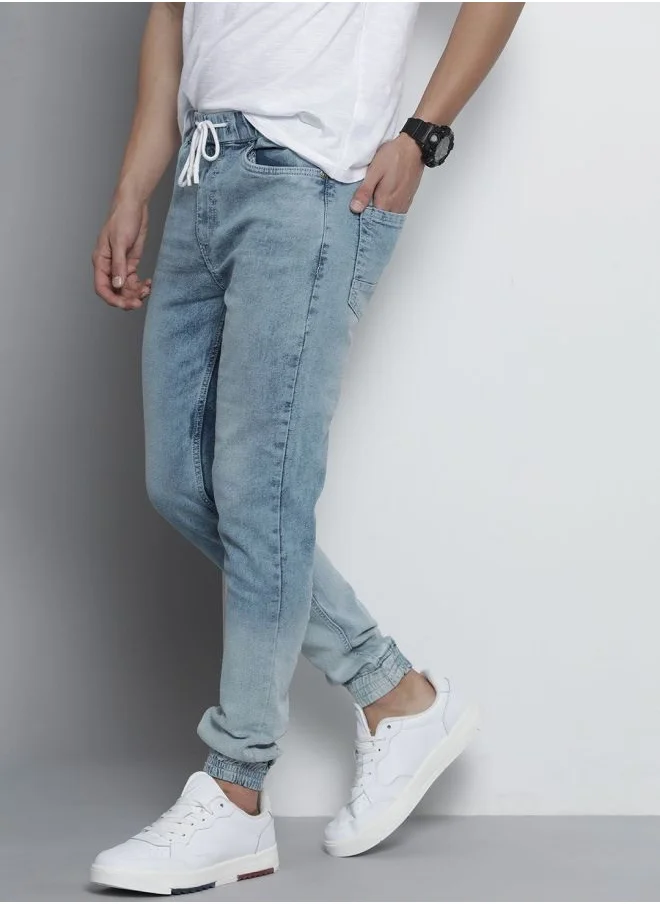 The Indian Garage Co Men Slim Fit Overdyed Mid-Rise Stretchable Denim Joggers