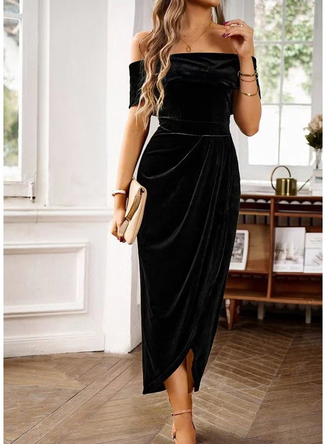 Sumleno Off The Shoulder Vintage Velvet Bodycon Midi Dress for Women Wrap Slit Elegant Cocktail Party Evening Pencil Dress (S,Black) - Image 2