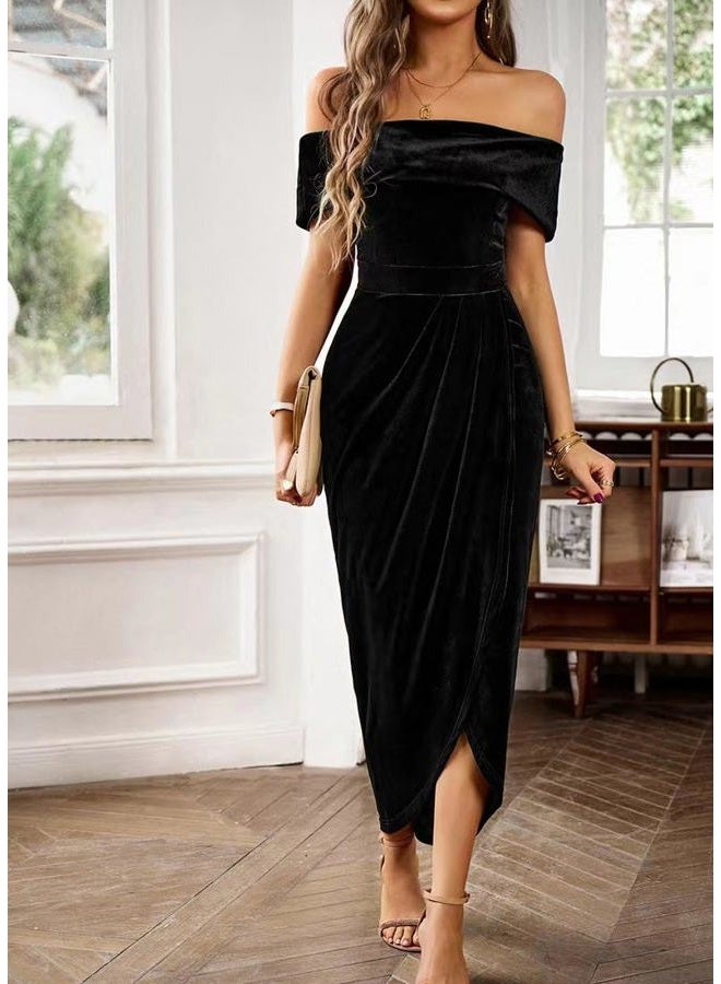 Sumleno Off The Shoulder Vintage Velvet Bodycon Midi Dress for Women Wrap Slit Elegant Cocktail Party Evening Pencil Dress (S,Black) - Image 4