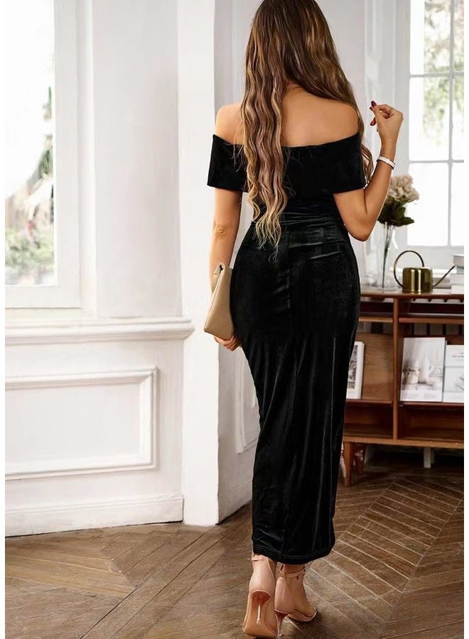 Sumleno Off The Shoulder Vintage Velvet Bodycon Midi Dress for Women Wrap Slit Elegant Cocktail Party Evening Pencil Dress (S,Black) - Image 3